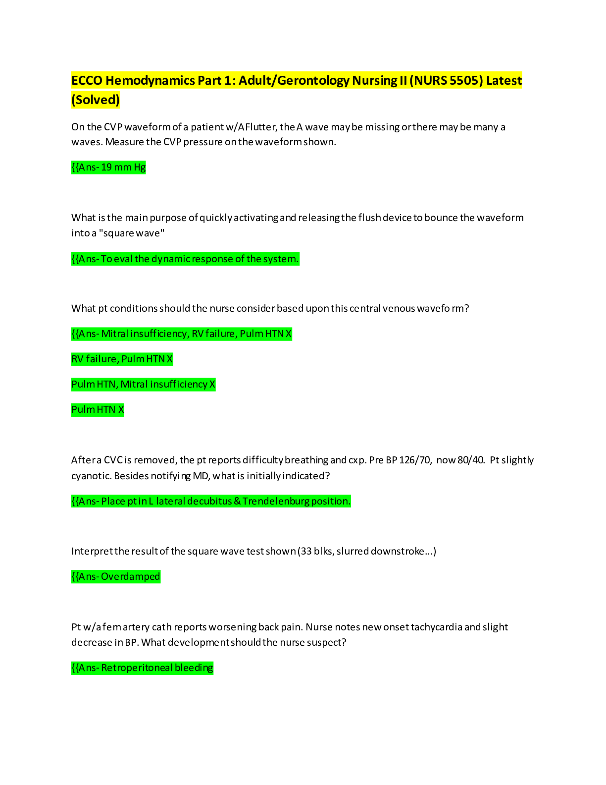 Preview image for ECCO Hemodynamics Part 1: Adult/Gerontology Nursing II (NURS 5505) Latest (Solved)